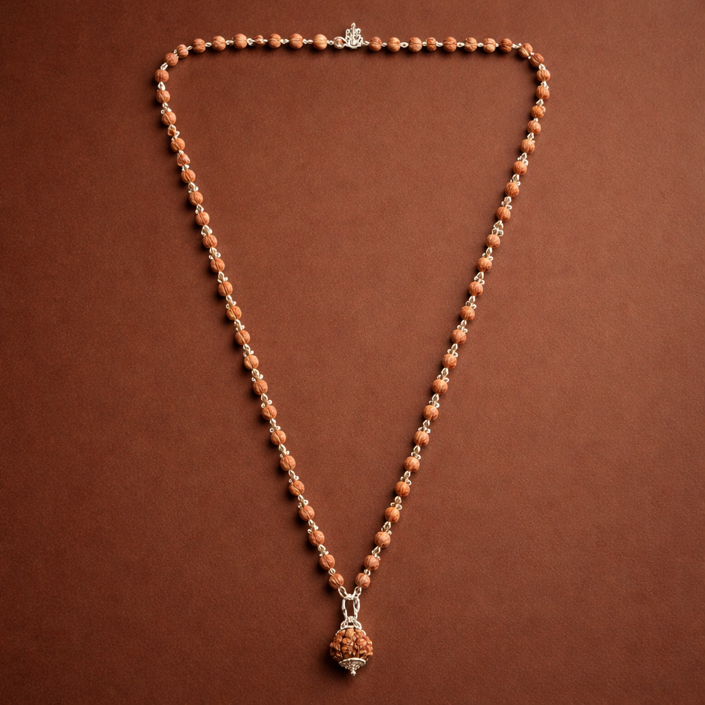 5 Mukhi Silver Rudraksha Mala - With Natural 5 Mukhi Rudraksha Pendant